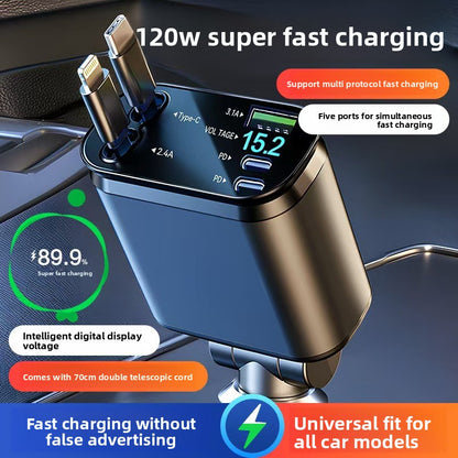 120W Retractable Car Charger with Multi-Port USB Fast Charging
